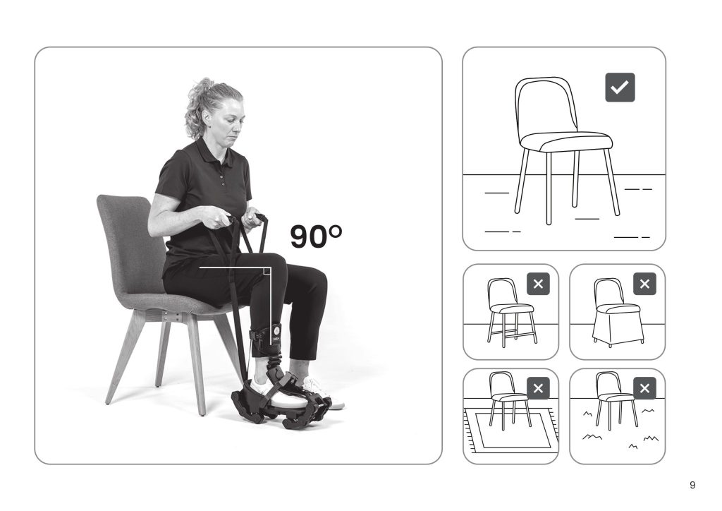 Person sitting in a chair holding the MAXM Skate knee recovery device. There is a diagram with a tick next to a chair showing the suitable chair to complete exercises.